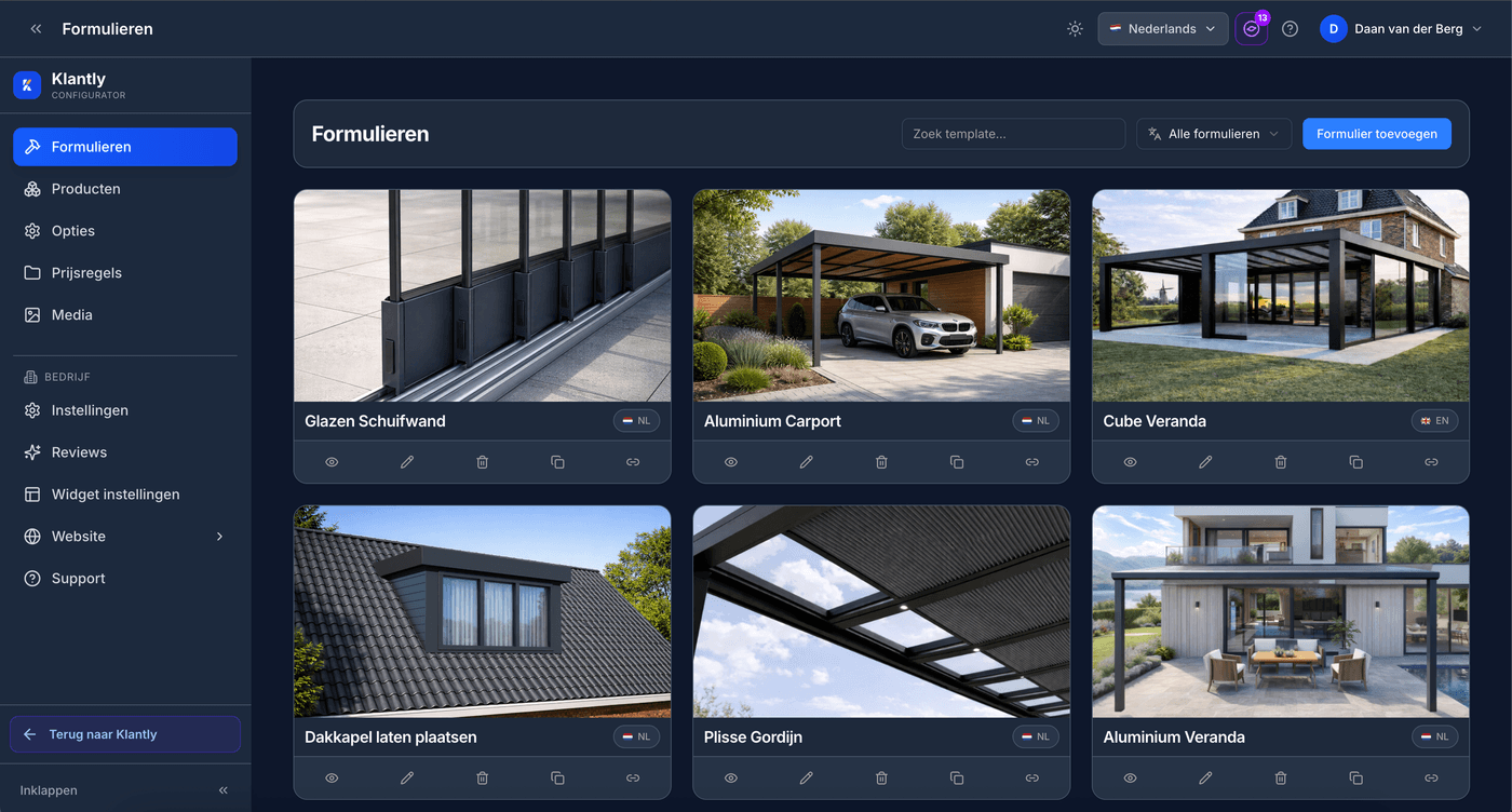 Kant-en-klare configuratorformulieren in Klantly, zoals een glazen schuifwand, carport, veranda en dakkapel